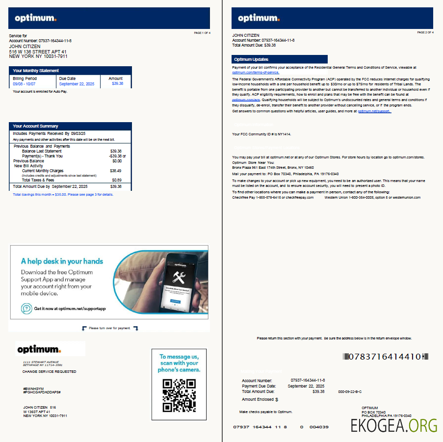 USA Optimum utility bill template in Word and PDF formats, 4 pages, version 2, 1 2 pages